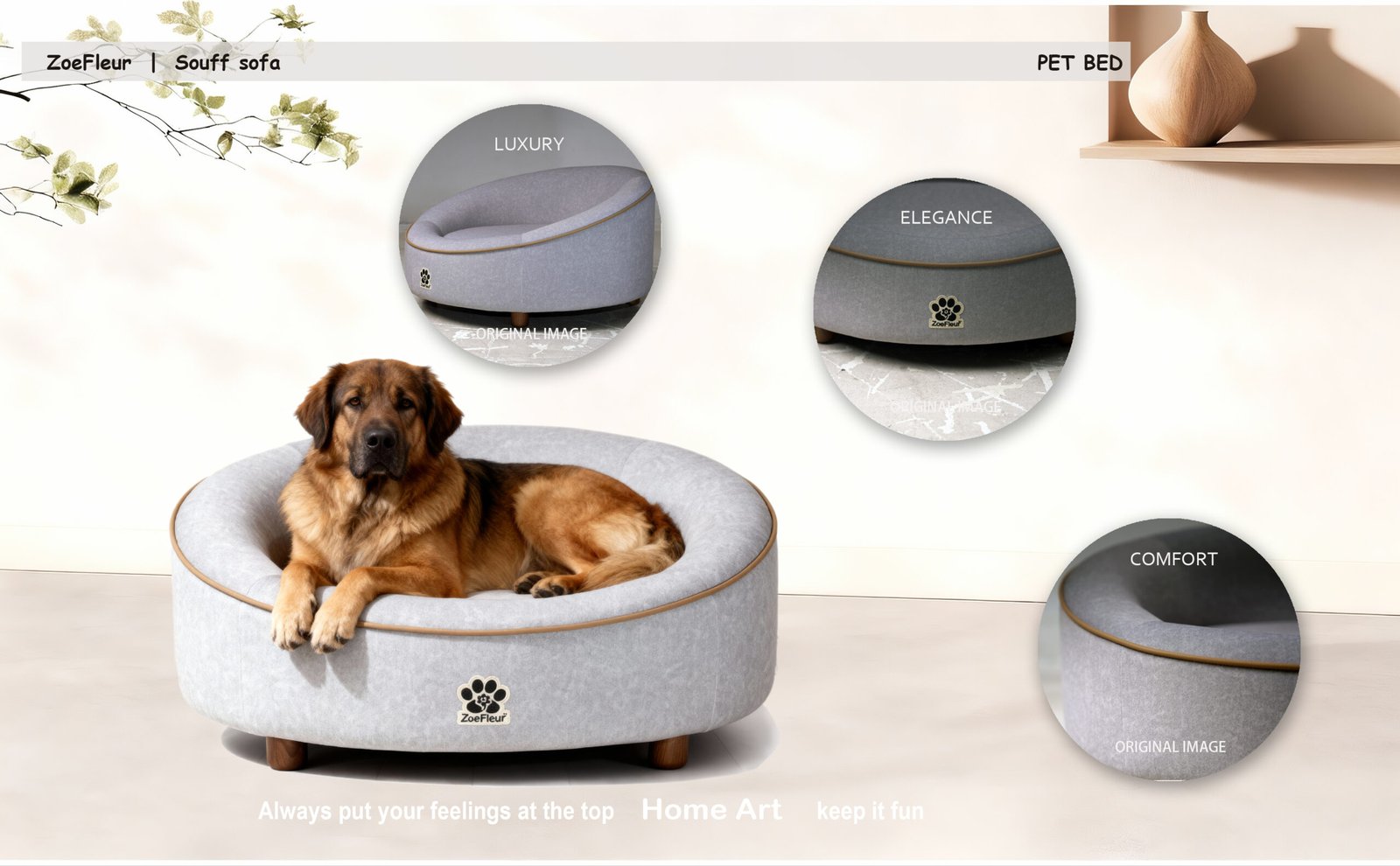ZoeFleur Human & Pet Shared Round Dog Bed, High Resilience Foam with Solid Pine Leg Frame, Indoor Pet Furniture - 图片 3
