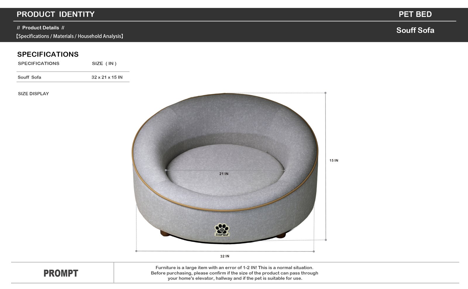 ZoeFleur Human & Pet Shared Round Dog Bed, High Resilience Foam with Solid Pine Leg Frame, Indoor Pet Furniture - 图片 4