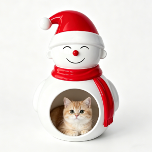 ZoeFleur Christmas Snowman Shaped Resin Pet Bed, 2-in-1 Dog Cat Cave House & Decorative Furniture with Soft Cushion, Holiday Indoor Winter Decor Gift