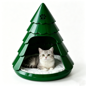 ZoeFleur Christmas Tree Shaped Resin Pet Bed, 2-in-1 Dog Cat Cave House & Decorative Furniture with Soft Cushion, Holiday Indoor Winter Decor Gift