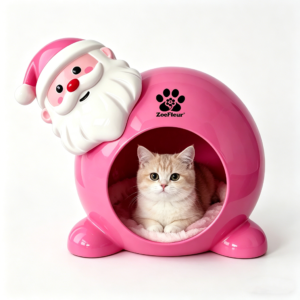 ZoeFleur Pink Santa Cat House – Resin Christmas Pet Bed & Decorative Pet Furniture for Cats & Small Dogs, Cozy Cave with Cream Plush Cushion